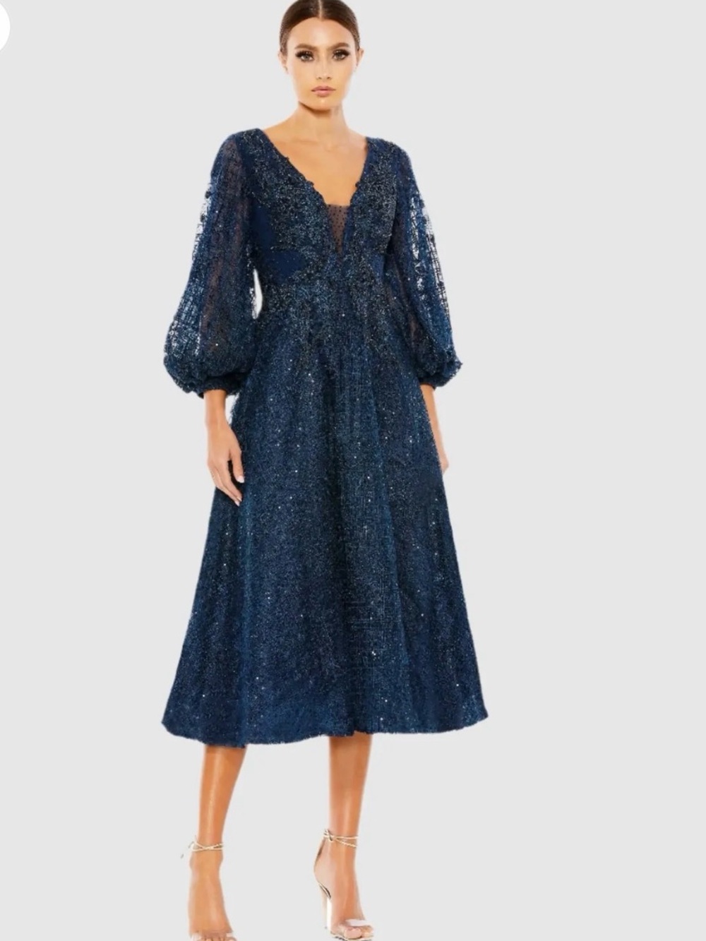 Mac Duggal Navy Sequin & Lace Midi Dress